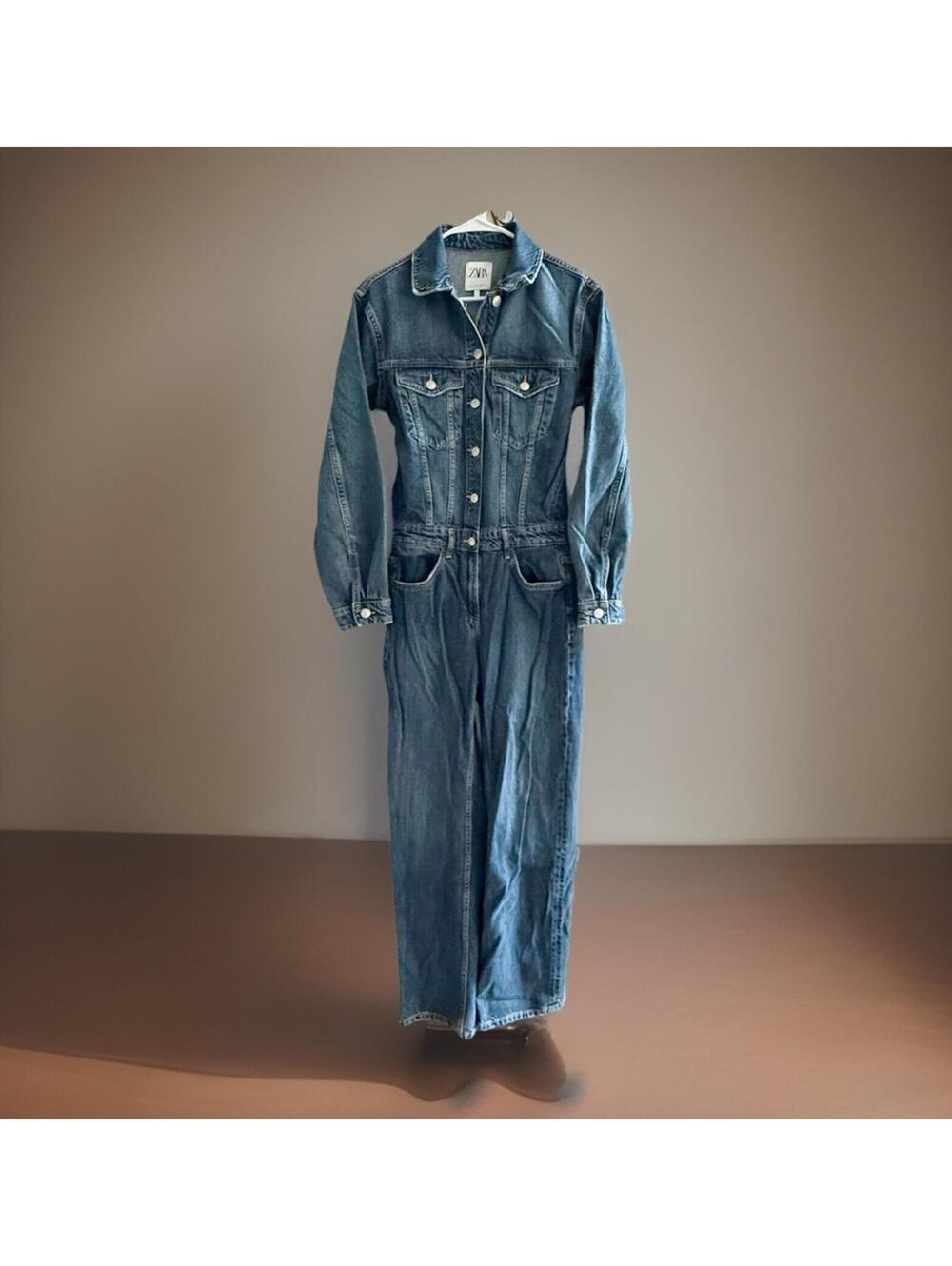 Zara Denim Jumpsuit Womens Small Blue Jean Utility Coveralls Belt Loops